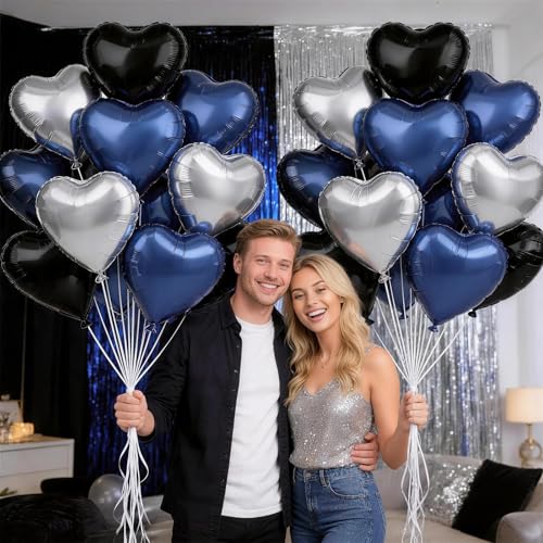 Black Blue Silver Heart Balloons,12Pcs 18Inch Heart Shaped Balloons - color: Black Blue Silver