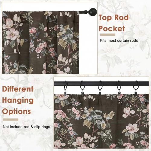 Aiyufeng Floral Kitchen Tiers Curtains 36 Inches Long, Breathable Soft Flower Patterned Rod Pocket Light Filtering for Bedroom Living Room Small Window Treatments, Each 30x36, Charcoal Brown - color: Charcoal Brown, size: 30"W x 36"L (Pack of 2)
