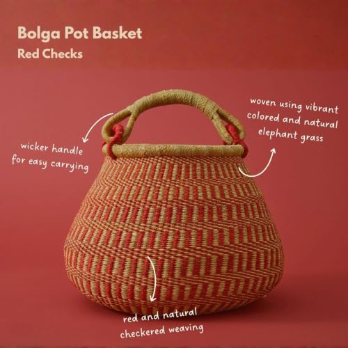 African Bolga Basket with Handle, 16-Inch Red Woven Harvest Basket for Garden Vegetables, Market Shopping, Storage and Home Decor - size: Checkerd Red
