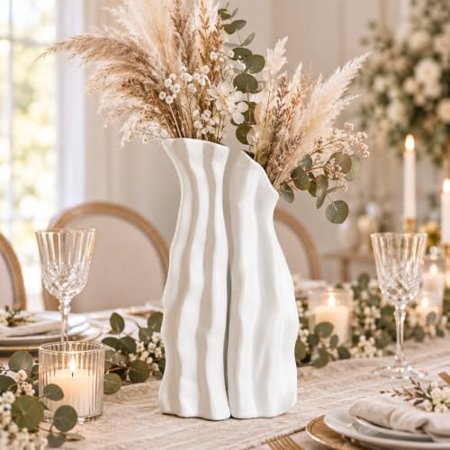 White Tall Ceramic Vase Set of 2, Sculptural Mountain Decor, Matte Finish - color: Cool White