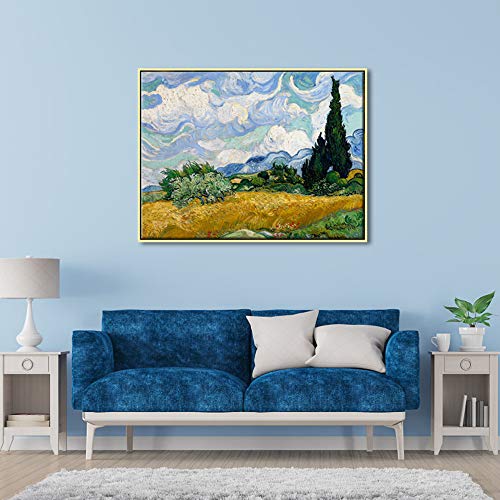 Wieco Art Framed Canvas Art Wheat Field with Cypresses by Van Gogh Classical Paintings Reproduction Modern Canvas Print Wall Art Landscape Pictures Artwork for Home Office Decor - size: 32"L x 24"W