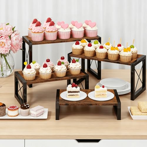 ELITEROO Wood Risers Display Stands Set of 4, Wooden 4 Tier Cupcake Stand, Tiered Riser for Vendors, Decorative Display Risers for Food Desserts Buffet Table at Party Wedding, Rustic Brown - color: 4 Tier, Rustic Brown