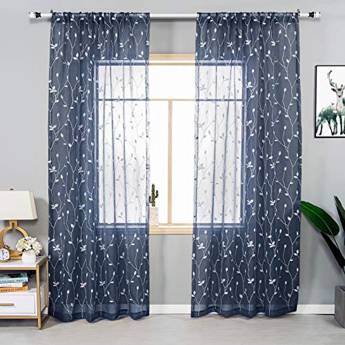 AmHoo 2 Panels Embroidered Leaf Pattern Semi Sheer Curtains Foliage Floral Voile Window Draperies Treatment for Bedroom Living Room Rod Pocket Navy Blue 53 x 63 Inch - color: Navy Blue, size: 53"W x 63"L (Pack of 2)