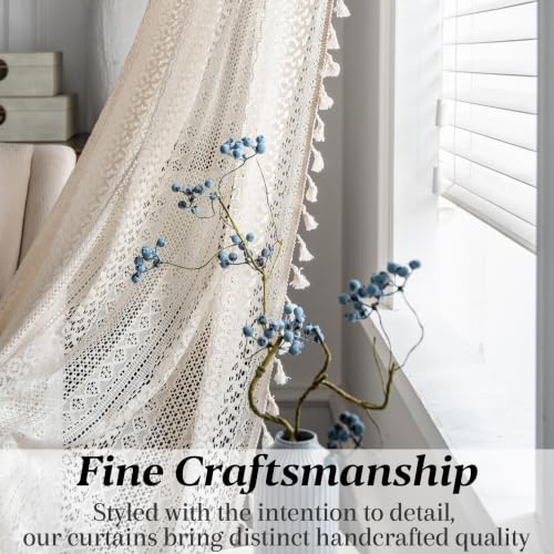 Sutuo Home Beige Boho Lace Sheer Curtains 84 inches Long,Crochet Macrame Semi-Sheer Bohemian Drape with Tassels, Cream Farmhouse Window Curtains for Living Room & Bedroom, 1 Panel 59" W,Rod Pocket - color: Beige Crochet, size: 59"W x 84"L (Pack of 1)