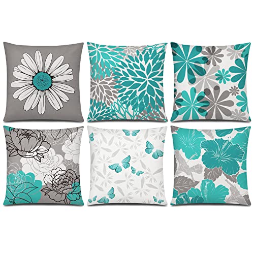 COMMINY Teal Grey Pillow Covers 20x20, Set of 6 Floral Throw Pillow Covers - color: Teal Grey, size: 20" x 20" (Pack of 6)