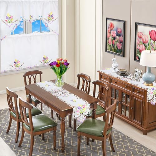 Simhomsen Embroidered Tulips Kitchen Window Curtain Swag and Tiers Set for Easters and Spring (Tulips) - color: Tulips