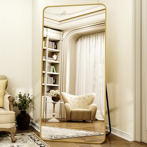 XRAMFY 76"x34" Floor Full Length Mirror Standing Full Body Rounded Corner Rectangle Mirrors with Stand Hanging Wall Mounted Leaning Bedroom Living Room Bedroom Cloakroom,Gold - color: Gold, size: 76"L x 34"W