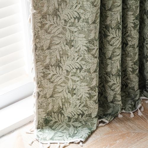 ENJOYBRIDAL Green Leaf 63 Inch Curtains 2 Panel Set Farmhouse Short Drapes Semi Sheer Rod Pocket Bedroom Rustic Window Curtain Panels Living Room Boho Aesthetic Country Tassel Window Treatments - color: B Jacquard Green Leaves, size: 52"W x 63"L (Pack of