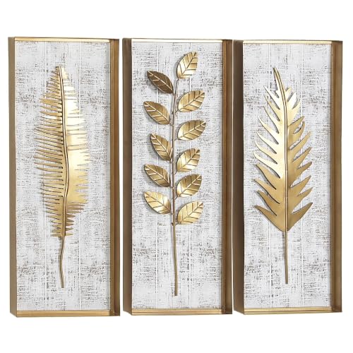 Deco 79 Metal Leaf Home Wall Decor Framed 3D Wall Sculpture with Distressed Wood Backing, Set of 3 Wall Art 12"W, 32"H, Gold - size: 12"L x 2"W