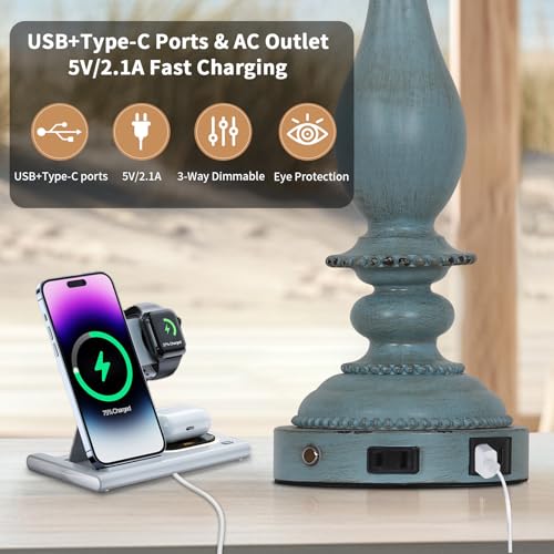 CINSARY 28" Tall Coastal Table Lamps for Living Room Set of 2, Farmhouse Rustic Blue Bedside Touch Lamp with USB C+A Ports & Outlet, 3-Way Dimmable Resin Nightstand Lamps for Bedroom Side End Table - color: Blue