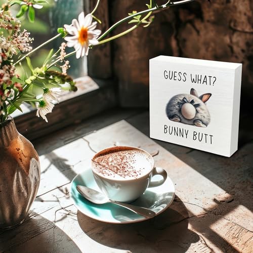 Guess What Bunny Butt Wooden Sign, Bunny Decor for Home, Bunny Nursery Decor, Farmhouse Rabbit Decor, Funny Bow Bunny Wooden Box Sign Decorations for Home Shelf Desk Table Dorm 5x5 Inch - color: Butt
