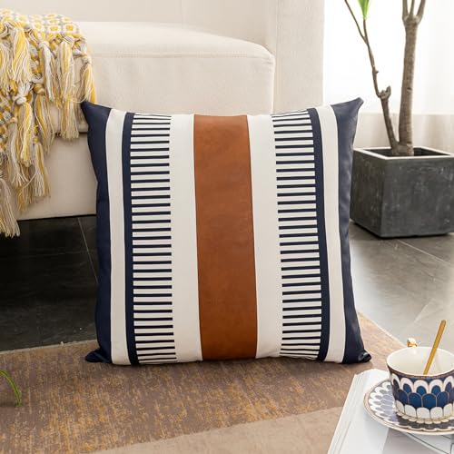 Farmhouse Throw Pillow Covers for Couch Sofa Decorative Faux Leather Square Cushion Cover Tribal Stripe Accent Pillow Case 18 x 18 Inch, Navy Blue - color: Navy Blue, size: 18" x 18" (Pack of 1)