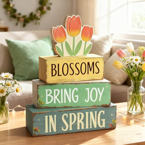 Spring Decoration Wooden Tiered Tray Decor – Tulip Blossoms Spring Stacked Block Sign with Floral Accent – Farmhouse Tabletop Spring Decor for Shelf Mantel Seasonal Home Display - style: Tulip