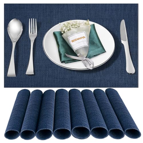 Blue Vinyl Placemats Set of 8,Washable Dining PVC Table Mats - color: Navy Blue, size: 8PCS 12"Wx18"L