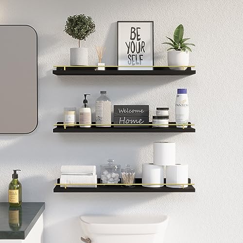 WOPITUES Floating Shelves 24 inch for Wall Decor Set of 3, Black and Gold - color: Black and Gold, size: 23.6 inch
