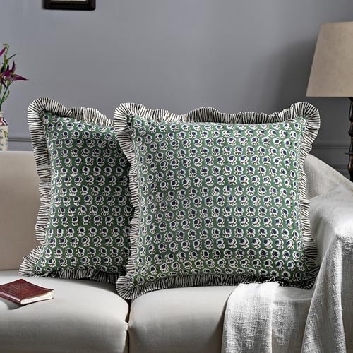Ridhi Basil Green Block Print Ruffle Pillow Covers 16x16 Inch Set of 2 - color: Basil Green, size: 16" x 16" (Pack of 2)
