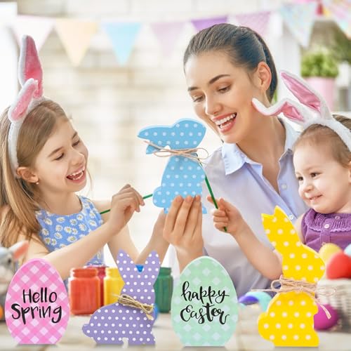 7Pcs Easter Decorations for Home - Wooden Bunny Eggs Tiered Tray Decor - Spring Easter Table Centerpieces Signs for Indoor Mantel Office - style: 7 PCS Bunny Egg