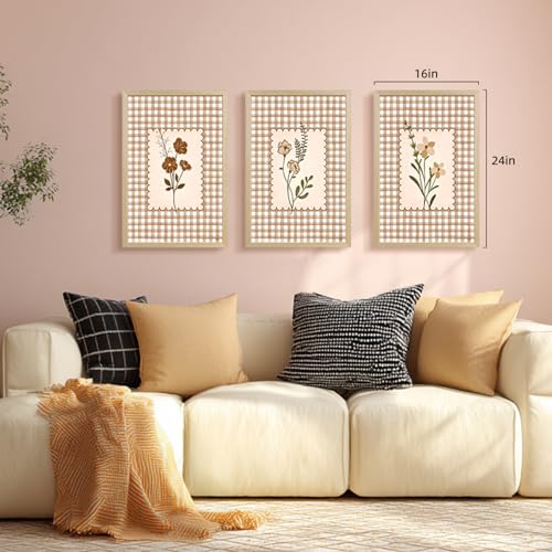 LERVR Wood Framed Vintage Floral Wall Art Set of 3, Rustic Farmhouse Flower Wall Decor, Brown Gingham Botanical Canvas Print, Neutral Cottage Botanical Artwork for Living Room Bedroom 16x24 Inch - color: PlaidPrint, size: 24"L x 16"W