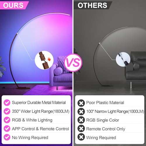RGB Floor Lamp with 3 Color Temperatures, Ultra Bright 1800LM Smart Arc LED Floor Lamp with Remote Control, Music Sync, Scene Modes, Modern Standing Tall Lamp for Bedroom Living Room Gaming Room-Brown - color: Brown-RGB–67"–350" Ultra-Wide Coverage