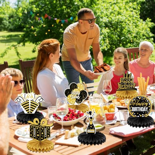 9 PCS Happy Birthday Party Table Decorations | Black and Gold Birthday Center Pieces for Table | Birthday Honeycomb Table Centerpieces | Reusable Birthday Table Toppers for Girls Boys Women Men