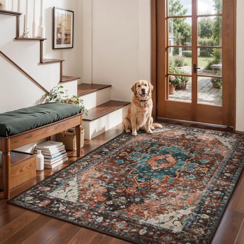 Ciicool Washable 3x5ft Area Rug,Boho Soft Non-Slip for Kitchen Entryway - color: Brick Red/Dull Teal, size: 3' x 5' (Rectangular)