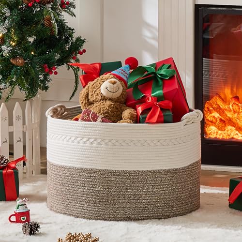 KAKAMAY Large Blanket Basket (20"x13"),Woven Baskets for storage Baby Laundry Hamper, Cotton Rope Blanket Basket for Living Room, Laundry, Nursery, Pillows, Baby Toy chest (White/Beige) - color: Beige
