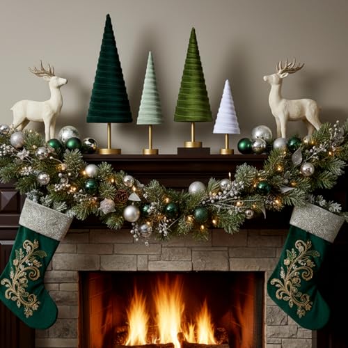 Hoolerry 4 Pcs Christmas Velvet Trees with Gold Pedestal, Forest Green - color: Forest Green