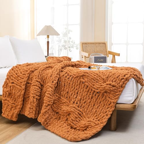 WESHIONGOO Chunky Knit Blanket Throw for Couch Bed 50"×60" Burnt Orange - color: Burnt Orange, size: 50"x60"