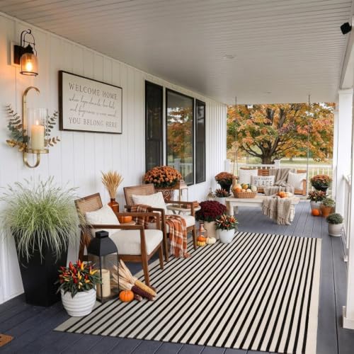 LEEVAN Striped Outdoor Rug for Porch 4x6 Washable Balcony Large Door Mat - color: Black and Cream, size: 4' x 6' (Rectangular)