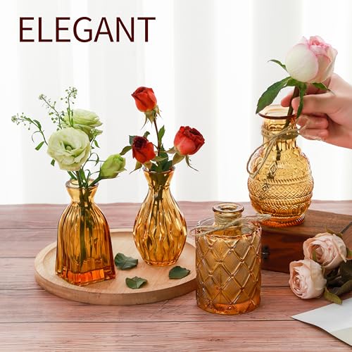 Amber Glass Bud Vases Set of 10, Boho Fall Table Centerpiece - color: Amber
