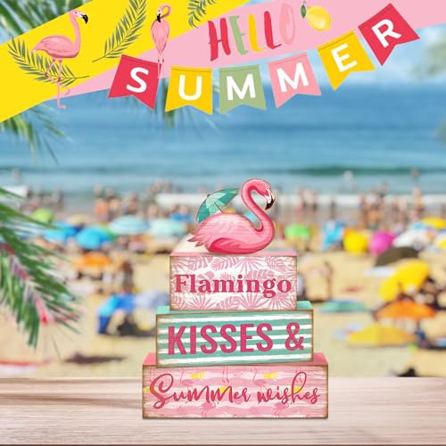 Britimes Tiered Tray Decor Set, 4 Pack, Wooden Table Sign, Summer Flamingo - style: Flamingo