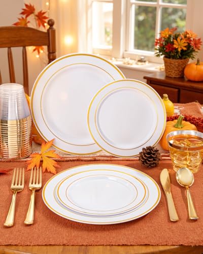 bUCLA 150PCS Gold Plastic Plates Disposable - Heavy Duty Gold Plates Include 25 Dinner & 25 Dessert Plates,25 Forks,25 Knives,25 Spoons&25 Cups for Party, Thanksgiving, Fall Harvest & Autumn - color: Gold
