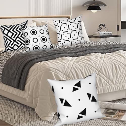 Black White Geometric Throw Pillow Cover 16"x16" Set of 4, Modern Minimalist Abstract Irregular Pattern Cushion Cover for Sofa Chair Couch Bed Office Patio Farmhouse Indoor Outdoor - color: Geometric 4, size: 16" x 16" (Pack of 4)