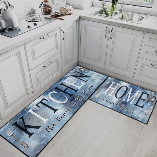 Kitchen Rugs Set of 2 Non Slip WashableAbstract Vintage - color: Navy Blue
