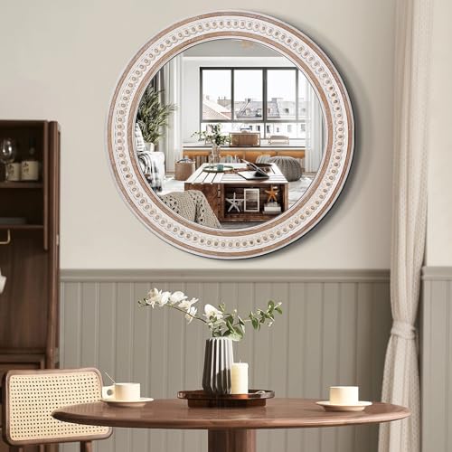 24 Inch Round Bathroom Mirror, Wooden Circular Mirrors for Wall Decor - color: Style 1