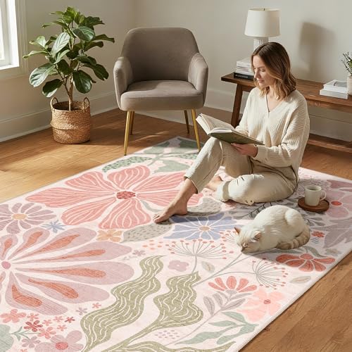 MUJOO Pink Washable 2x6 Runner Rugs Floral Area Rugs Non Slip Low-Pile - color: Pink, size: 2' x 6' (Rectangular)