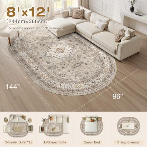 cotiled 8x12 Ellipse Area Rug for Living Room, Washable, Traditional, Beige - color: Beige, size: 8' x 12' (Oval)