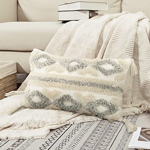 Merrycolor White Grey Boho Throw Pillow Covers 12x20 with Tassels Tufted DecorativeThrow Pillows Neutral Accent Pillowcase Farmhouse Square Cushion Covers for Couch Sofa Bedroom Living Room - color: Grey and White 2, size: 20" x 12" (Pack of 1)