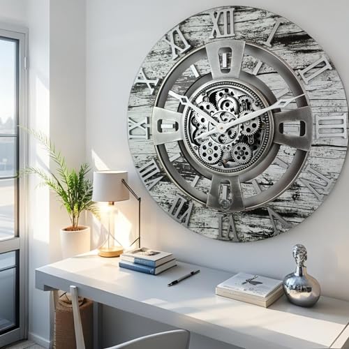 ImprovingLife The Gears Clock 24'' Inch Real Moving Gear Wall Clock England Line (Grey & White, 24 inches (60 cm)) - color: Grey & White, size: 24 inches (60 cm)