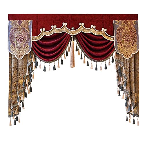 Luxury Burgundy Waterfall Valance Curtain, Floral Embroidered Swag Valance - size: 59"W x 47"L (Pack of 1)