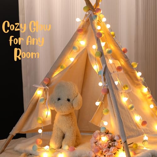 9.84FT Pom Poms Fairy Lights - 30 LED Battery & USB Operated String Lights with Warm White Globe Balls - Cute Indoor Decor for Bedroom Kids Room Playhouse Back to School Birthday Baby Shower - Macaron - color: Macaron, size: 9.54 FT