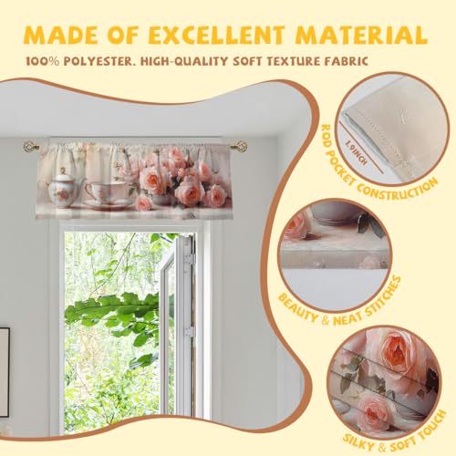 Rose Curtain Valance for Windows 2 Pack Tea Cup Teapot Pink Rose Vintage Painting Rod Pocket Printed Curtain Valances Short Tier Curtains for Living Room Bathroom Bedroom 54x18 Inch - color: Rose