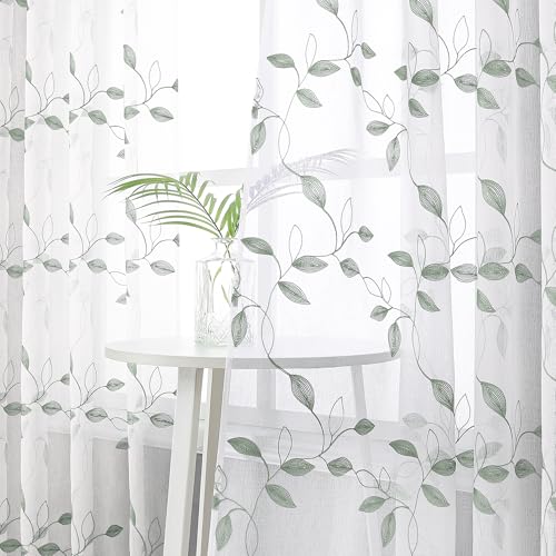 Tollpiz Sage Green Leaf Sheer Curtain Bedroom Short 38 x 45 Inches - color: Sage Green, size: 38"W x 45"L (Pack of 2)