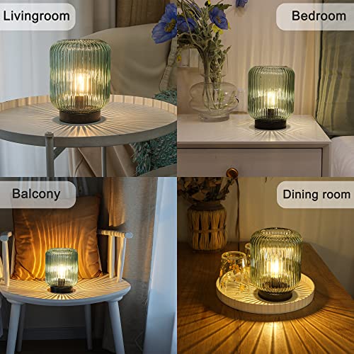 LUSHARBOR Battery Operated Lamp, Cordless Table Lamps for Home Decor, Battery Powered Nightlight with LED Bulb, Decorative Glass Beside Lamp for Bedroom Living Room-Green - color: Ribbed-Sage Green