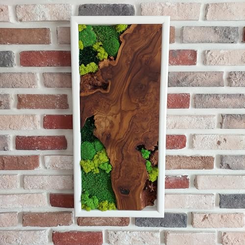 White Framed Moss Wall Art, Vertical Cedar Wood & Preserved Greenery Modern Natural Wall Decor for Living Room, Office & Home, Zero Maintenance Handcrafted Gift 30" x 14" - size: 30"L x 14"W