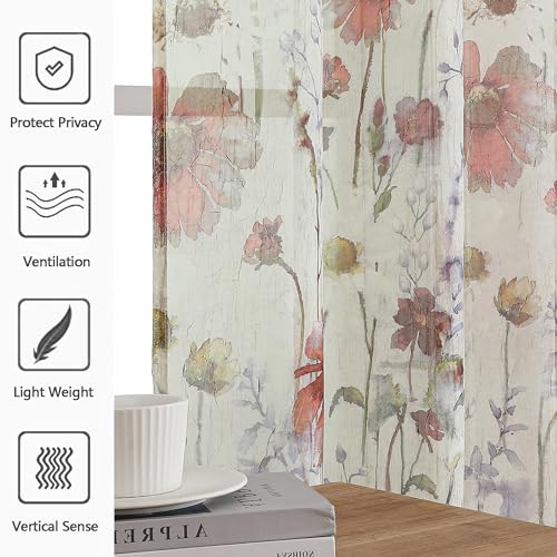 OWENIE Crushed Sheer Curtains Kitchen Tiers 36 Inch Length 2 Panels, Printed Design Small Window Half Curtains for Bathroom Cafe Bedroom Cupboard Living Room, Short Light Filtering Curtain, 42"x36" - size: 42"W x 36"L (Pack of 2)