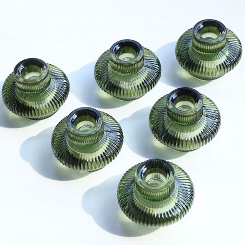 VOHO Green Taper Candle Holders Set of 6, Ribbed Glass Candlestick Holders - color: Green