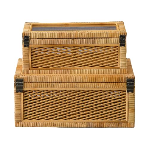 SOFE Rattan Storage Box with Lid, Rectangular Boho Display Box Set of 2