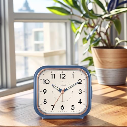 Tinload 4.3" Vintage Retro Analog Alarm Clock, Super Silent Non Ticking Clock with Manual Light, Snooze, Battery Operated, Simply Design, for Living Room, Bedroom, Bedside, Desk(Blue) - style: Blue-RoseGold
