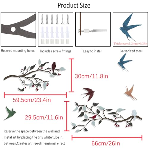 Harikikochuu 4 Pieces Large Birds on Branch Metal Wall Art Decor Bird Silhouette Wall Art Metal Leaves with Swallow Bird Outdoor Wall Art for Balcony Garden Patio Decor (Colorful A) - color: Colorful A